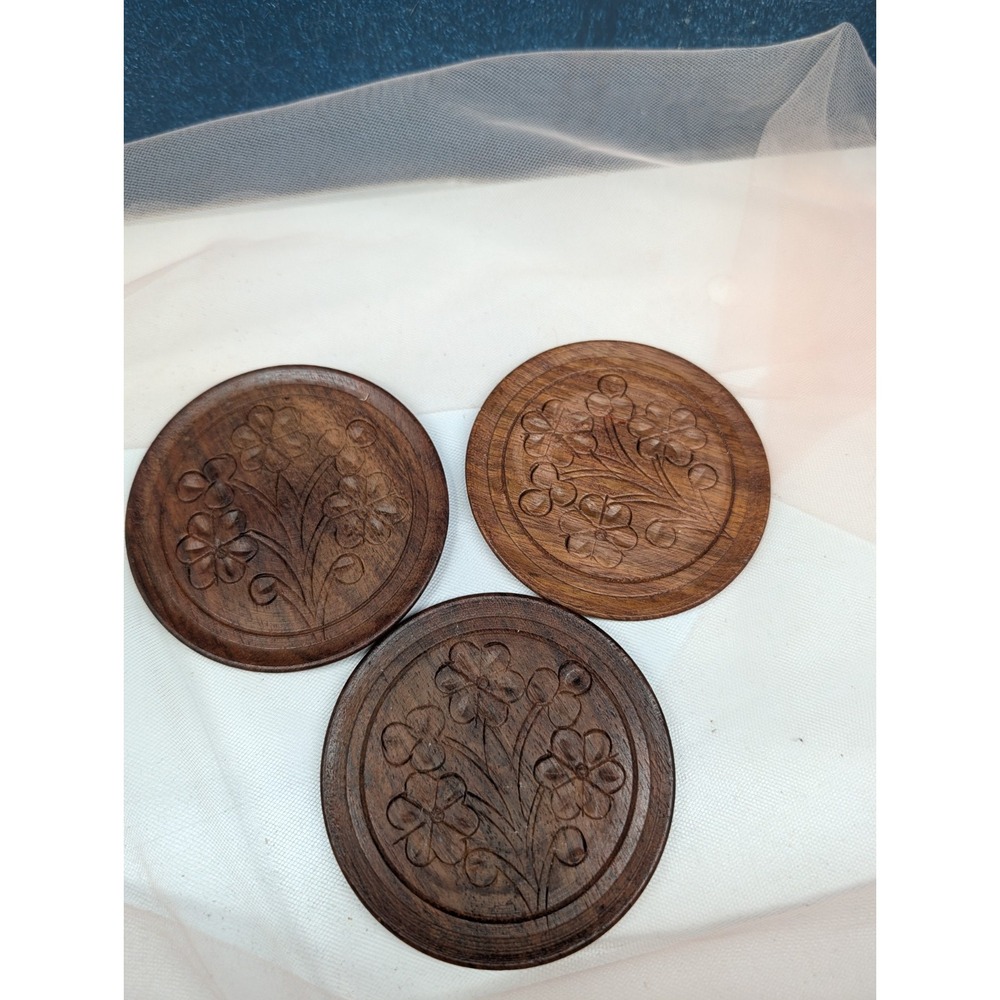 Carved Wooden Coaster Set with Holder & Brass Inlay Floral Detail - Picture 9 of 12